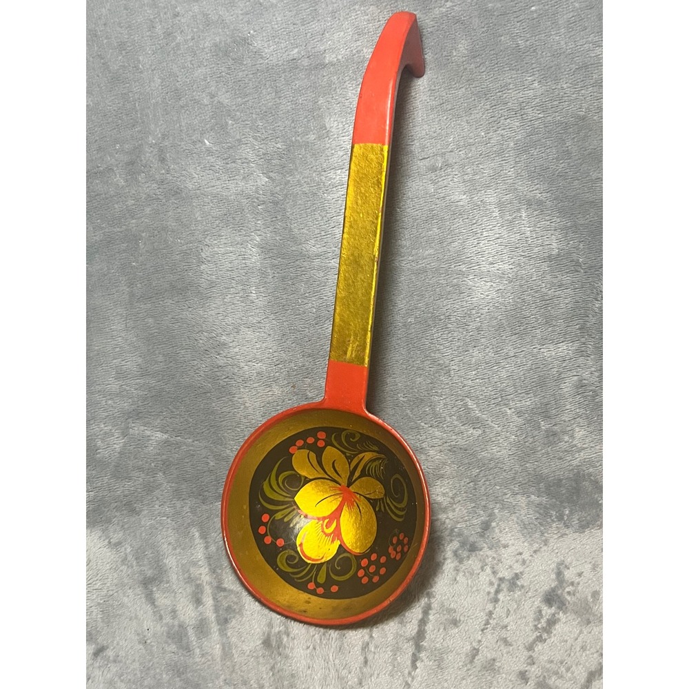 Vintage Hand Painted‎ Wooden Ladle Spoon Folk Art Floral Red Black 11in